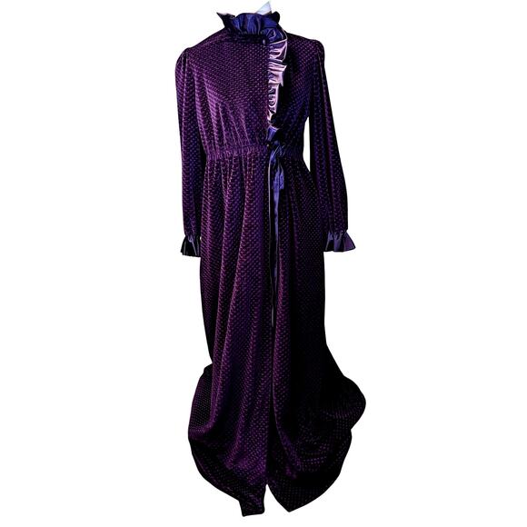 Vintage R. Michael Alan Long Velour Robe Ruffle Wm Small Plum Purple Holiday - Picture 1 of 14